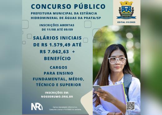 CONCURSO PÚBLICO EM ÁGUAS DA PRATA ABRE VAGAS EM DIVERSAS ÁREAS