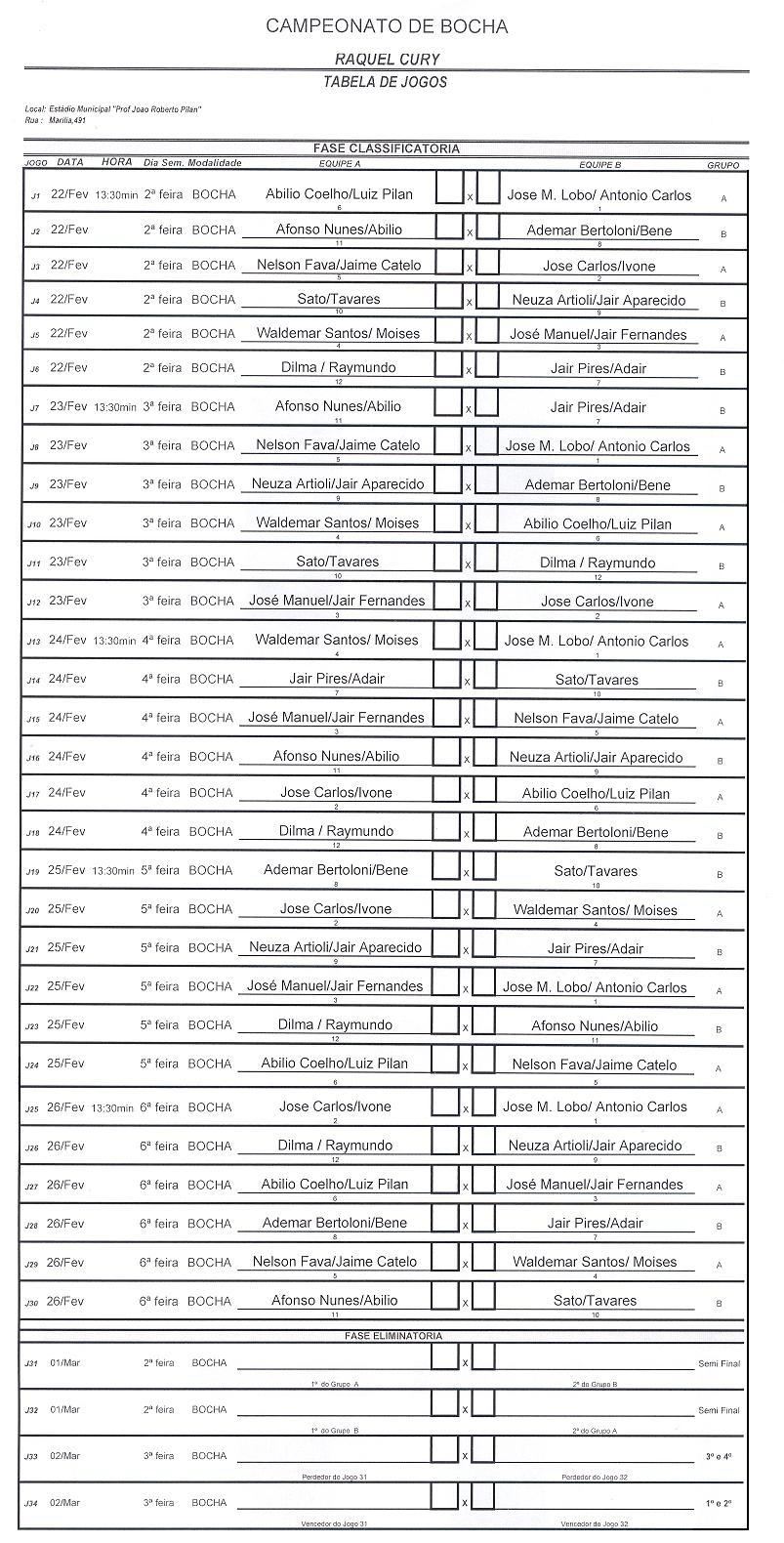Campeonato Municipal de Bocha:Confira a tabela